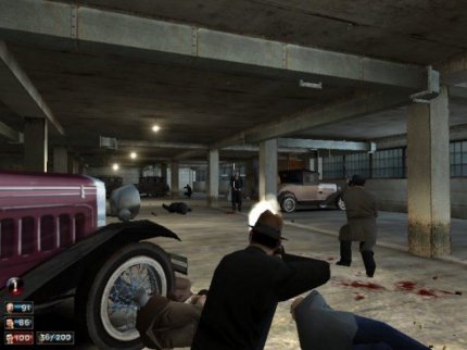 Typische Kampfszene aus Mafia: Tommy entledigt sich in einer Tiefgarage zusammen mit Gang-Kollegen feindlicher Angreifer. Das Spiel variierte die Aufgaben stark, sodass große Schusswechsel Höhepunkte waren.