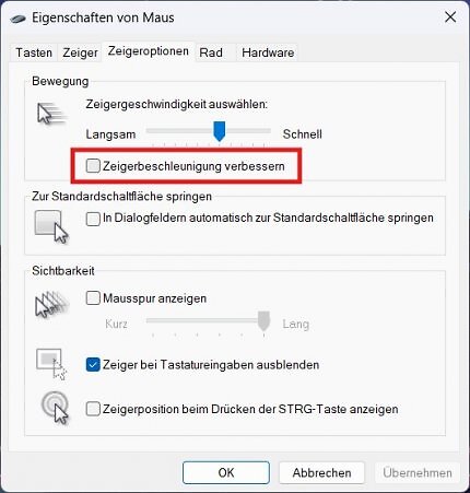 Standardmäßig aktiviert, aber für Gamer weniger empfehlenswert: Die Zeigerbeschleunigung finden Sie in den Windows-Einstellungen unter 'Bluetooth und Geräte', dann 'Maus' und 'Zusätzliche Mauseinstellungen' weiter unten. Im Reiter 'Zeigeroptionen' kann die Geschwindigkeit des Cursors auf dem Desktop und vor allem die künstliche Beschleunigung ausgeschaltet werden.