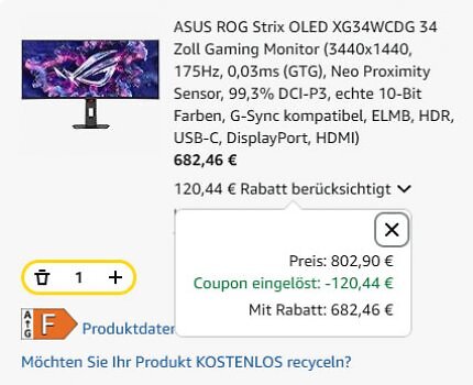 Mit dem Gutschein spart ihr über 120 Euro beim Kauf des Asus ROG Strix OLED XG34WCDG bei Amazon.