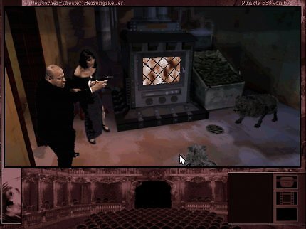 Grace und der deutsche Kommissar Thomas Leber beim großen Showdown im Residenztheater München. Und ja, liebe Kinder, so sahen vor 30 Jahren CGI-Wölfe aus.
