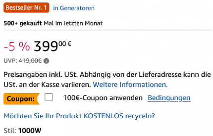 Simples Anklicken auf der Produktseite genügt, um 100 Euro durch den Coupon zu sparen.