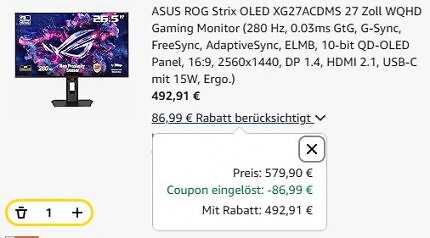 Der Coupon senkt den Kaufpreis um 86,99 auf 492,91 Euro.