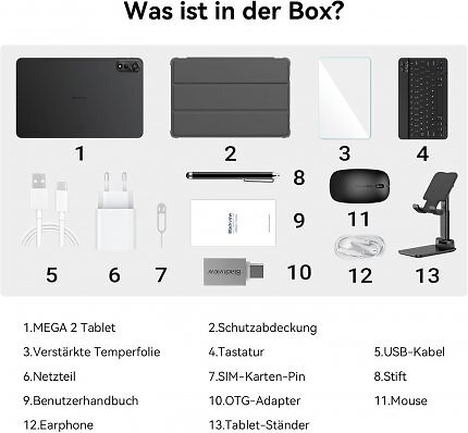 Dem Blackview Mega 2 liegt viel Zubehör bei.