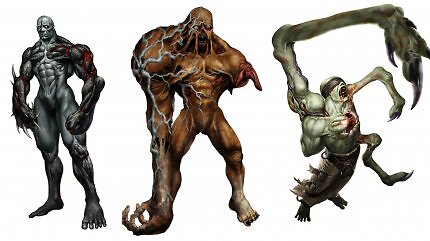 Mehrere Monster aus Resident Evil auf weißem Grund