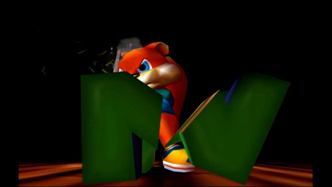 Conker teilt mit der Kettensäge das ikonische N64-Logo entzwei. Schon direkt nach Spielstart wird dadurch klar: Das hier ist kein typisches Nintendo-Spiel!