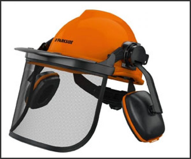 Forstschutzhelm, mit abnehmbarem Klappvisier