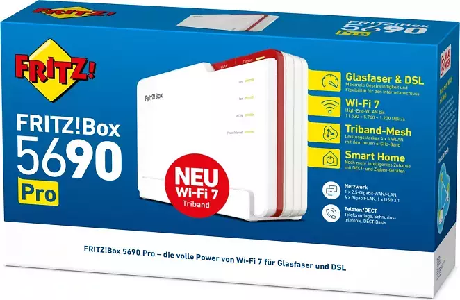 AVM Fritz!Box 5690 Pro, (Wi-Fi 7) WLAN Mesh Glasfaser Router 18,49 Gbit/s