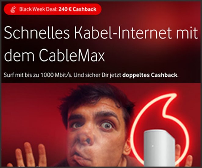 Black Week Deal: Vodafone CableMax 1000 jetzt mit doppeltem Cashback