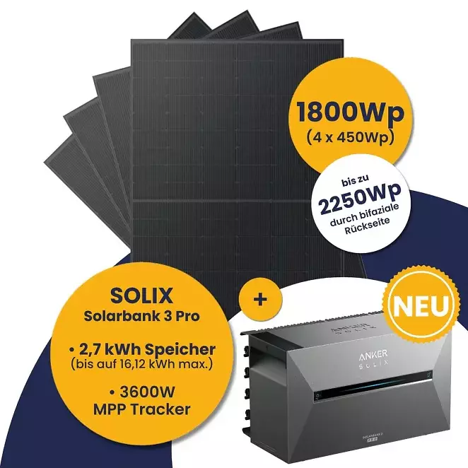 Kleines Kraftwerk 1800Wp Quattro mit optionaler Halterung und Anker Solarbank 3 E2700 Pro