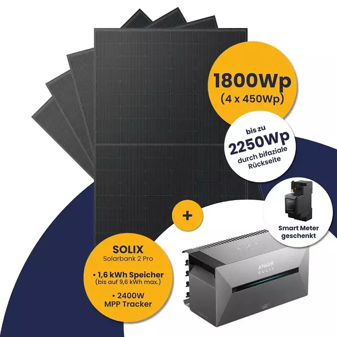 Kleines Kraftwerk Quattro (1800Wp) mit Anker Solarbank 2 E1600 Pro mit optionaler Halterung