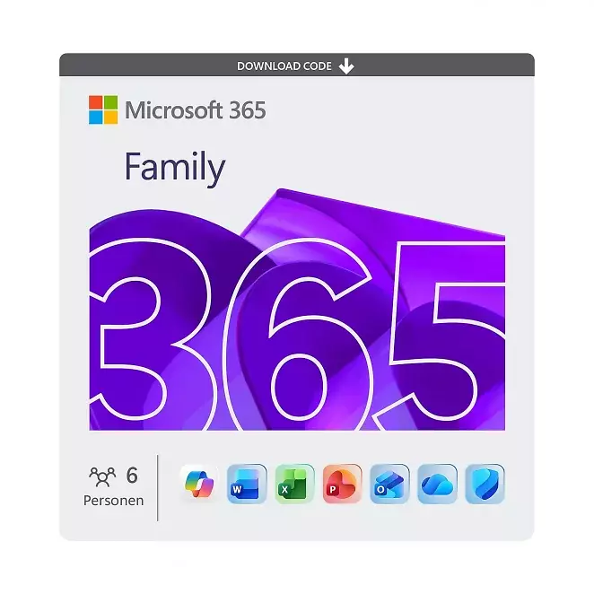 Microsoft 365 Family, 12 Monate für 1-6 Nutzer (je 5 Geräte), 6 TB Cloudspeicher, Download Code
