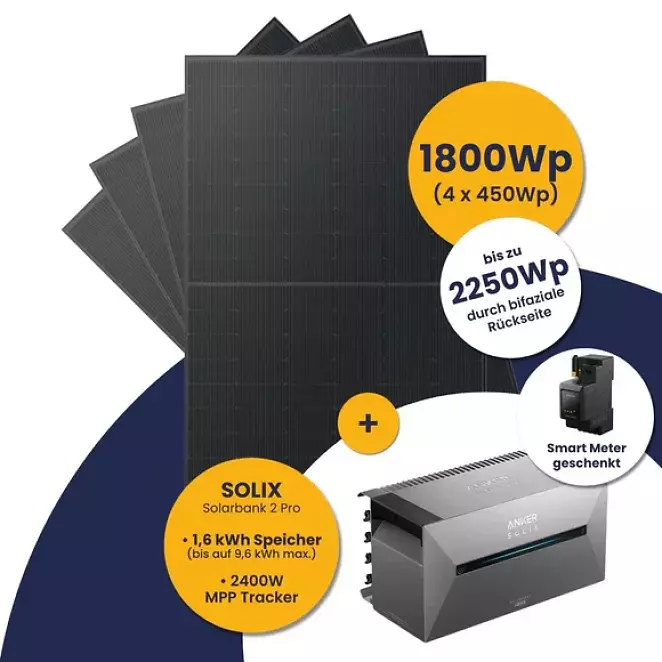 Kleines Kraftwerk Quattro (1800Wp) mit Anker Solarbank 2 E1600 Pro mit optionaler Halterung