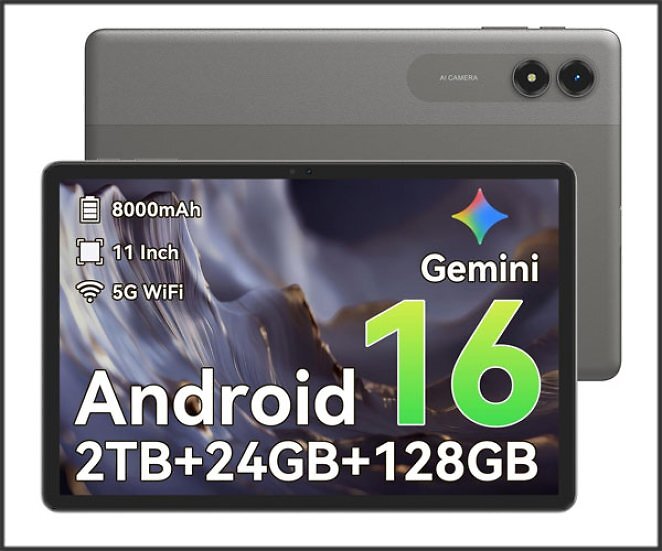 TABWEE T50 Tablet Android 16 - 24GB RAM+128GB (2TB TF), Unisoc T7250 & Gemini AI, 90Hz Display, Tablet 11 Zoll PC mit 8000mAh, 5G WiFi, Widevine L1, GPS, 13MP/OTG, Grau