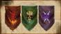 Das sind die Wappen der drei Fraktionen, für die ihr auf den Schlachtfeldern in den Kampf zieht: die Grubendämonen (grün), Feuerdrachen (orange) und Sturmfürsten (violett).