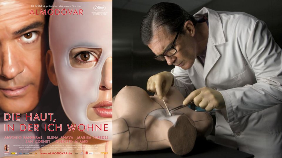 Kinoplakat und Szenenbild zu 'Die Haut, in der ich wohne'