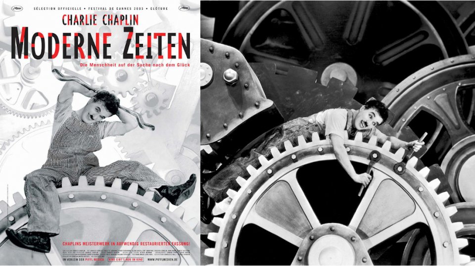 Kinoplakat und Szenenbild zu 'Moderne Zeiten'