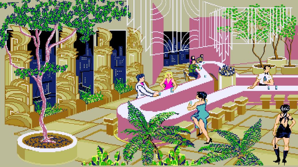 Das Adventure Romantic Encounters von 1987 ist quasi ein Bagger-Simulator. Es verzichtet fast komplett auf Grafik. Diese Bar ist eine der wenigen Ausnahmen. (Bild: Amiga) <br> <br> &nbsp;