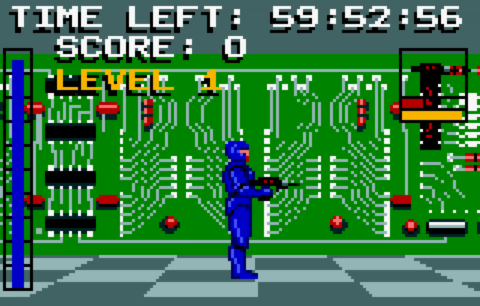 Die Lynx-Fassung von Electrocop (im Bild) arbeitete mit verschiedenen Bildschirmebenen, um einen Pseudo-3D-Effekt zu erzeugen. Die von Hennig bearbeitete Version für Atari 7800 lief komplett in 2D ab. Erschienen ist sie jedoch nie. <br> &nbsp;