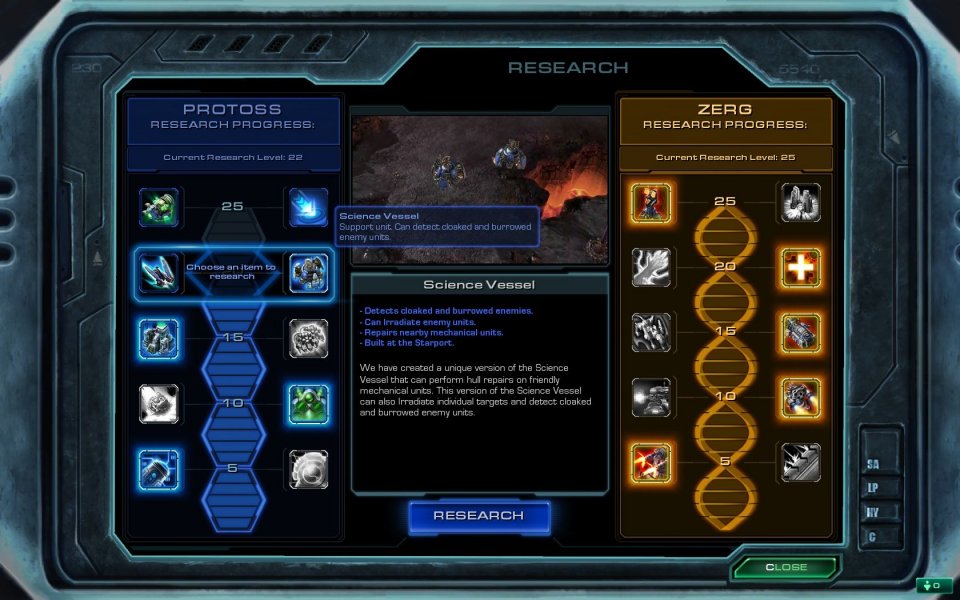 Für zusätzliche Tiefe sorgen Upgrade-Funktionen. Bereits in der Grafik erkennt ihr die unterschiedliche Ausrichtung der Fraktionen: Der Tech-Baum der Zerg hat die Form eines DNA-Strangs, der der hochentwickelten Protoss wirkt dagegen sehr technisch. <br> &nbsp;