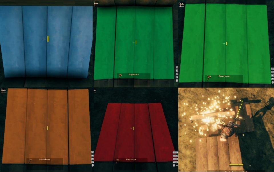 Hier seht ihr die Farbcodierung des Spiel, von oben links bis unten rechts: Blau bedeutet, dass es sich um ein Fundament handelt. Grüntöne sind als tragende Bauteile geeignet, während die Rottöne unbedingt gestützt werden müssen. Wer trotzdem weiterbaut, erhält lediglich lose Bretter.