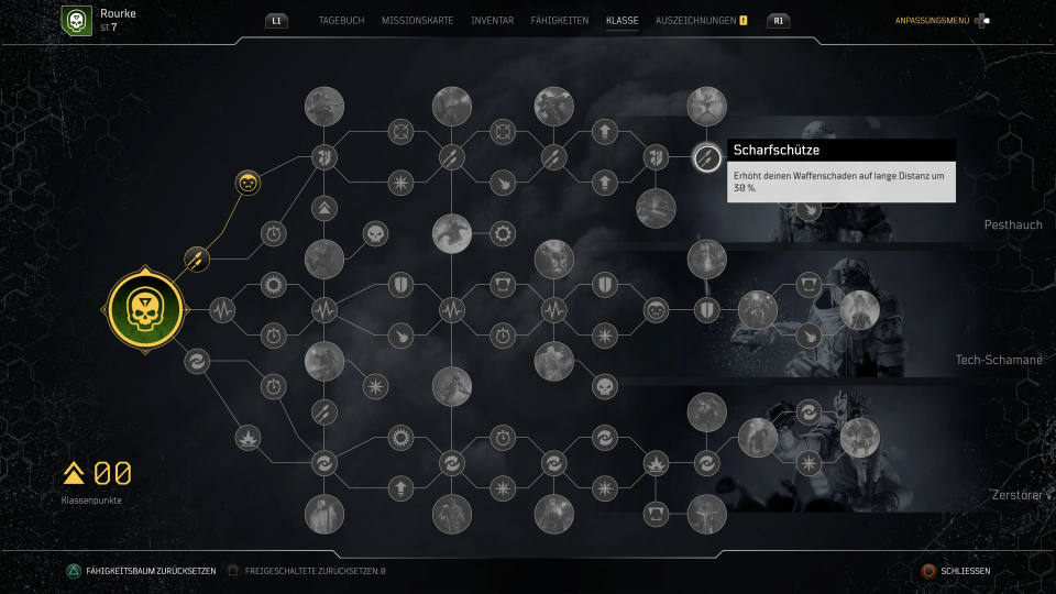 Im Fähigkeitenbaum von Outriders stehen euch pro Klasse über 50 individuelle Skills zur Auswahl. Seid ihr mit eurem Build nicht glücklich, könnt ihr eure ausgegebenen Punkte auch zurücksetzen.