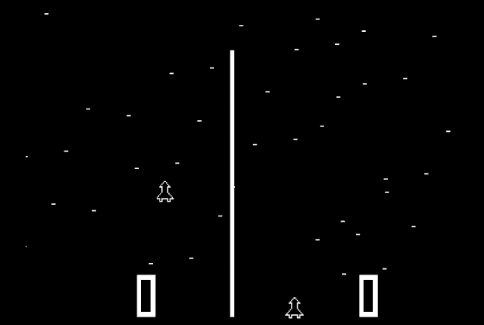 Wer schafft es am häufigsten durchs Asteroidenfeld? Im Atari-Arcade-Automaten Space Race von 1973 rasen zwei Raumschiffe um die Wette.