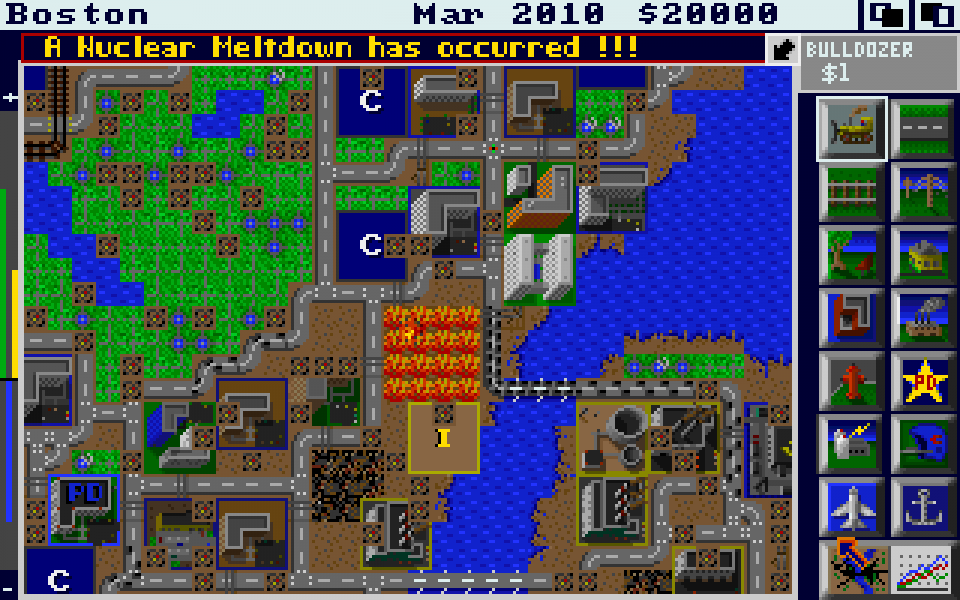 Wright ist erklärter Atomkraft-Gegner. Welche verheerenden Folge Kernenergie haben kann, thematisiert er in Sim City vorrangig durch plötzliche Reaktorunglücke, die Städte massiv beschädigen (Bild: Amiga-Version).