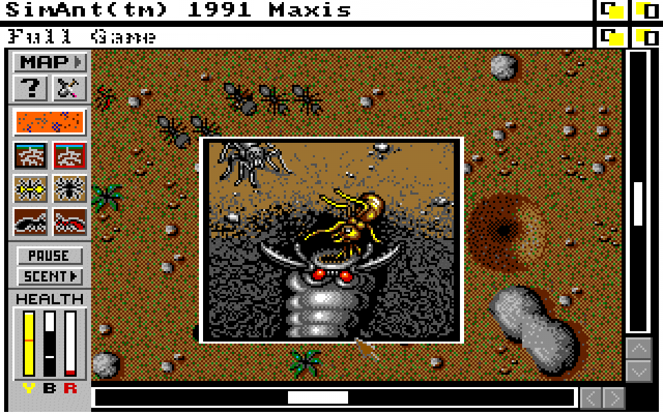 Wer schon immer mal eine Ameisenkolonie verwalten wollte, hat in SimAnt (hier in der Amiga-Fassung von 1992) Gelegenheit dazu. Als Inspiration diente Wright das zoologische Textbuch „The Ants“ von Bert Hölldobler und E.O. Wilson.