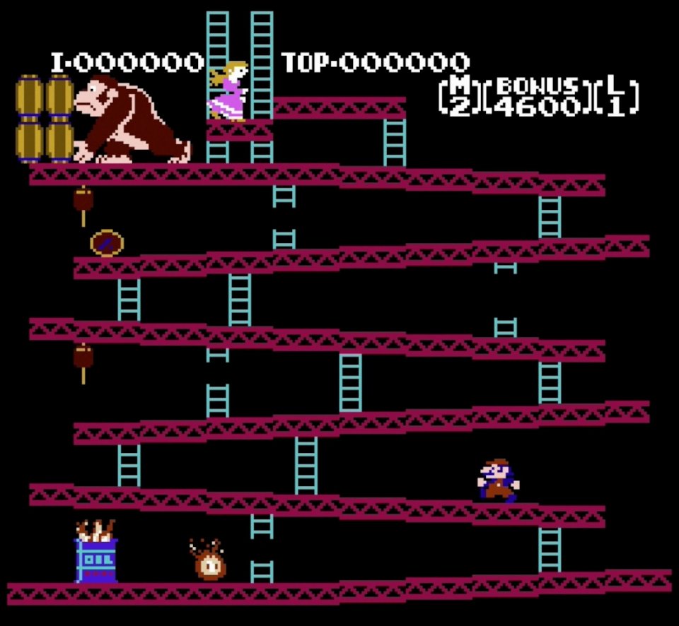 Mario hüpft durch ein Level in Donkey Kong.