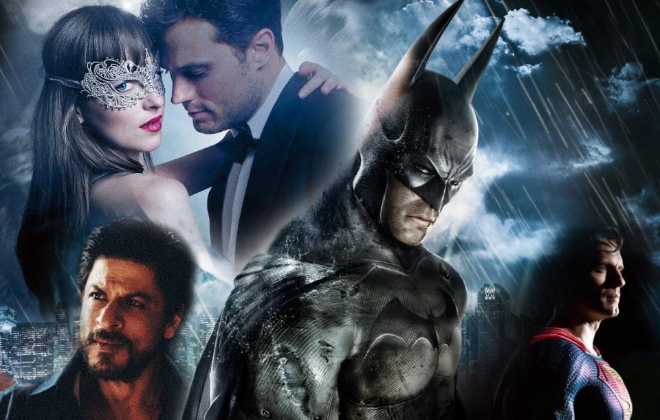 Batman, umrandet von Sha Rukh Khan, Henry Cavill und Jamie Dornan.