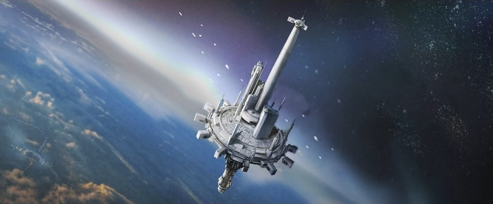 Die Starlight-Station im Orbit über einem Planeten.