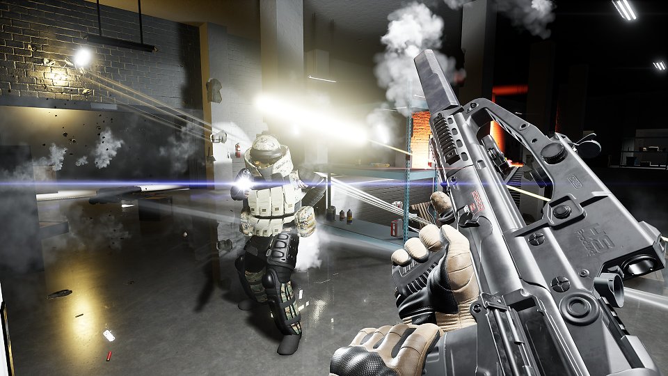Der Spieler lädt sein Gewehr nach, während ein gepanzerter Feind auf ihn feuert.