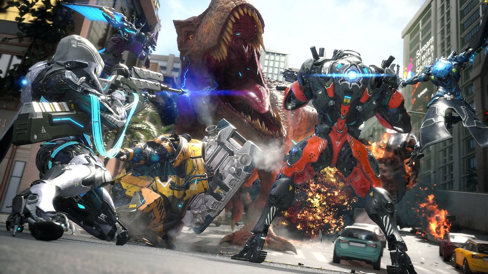 Eine Gruppe Exosuits kämpft gegen einen T-Rex.