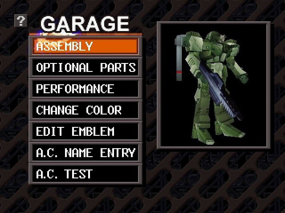 Die Garage in Armored Core: Project Phantasma. Links sind die Menüoptionen, rechts ein Model des Armored Cores.