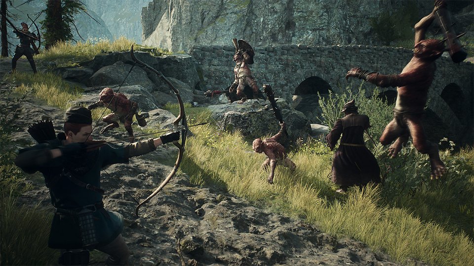 Der Erweckte zielt mit dem Bogen auf eine Horde Goblins.