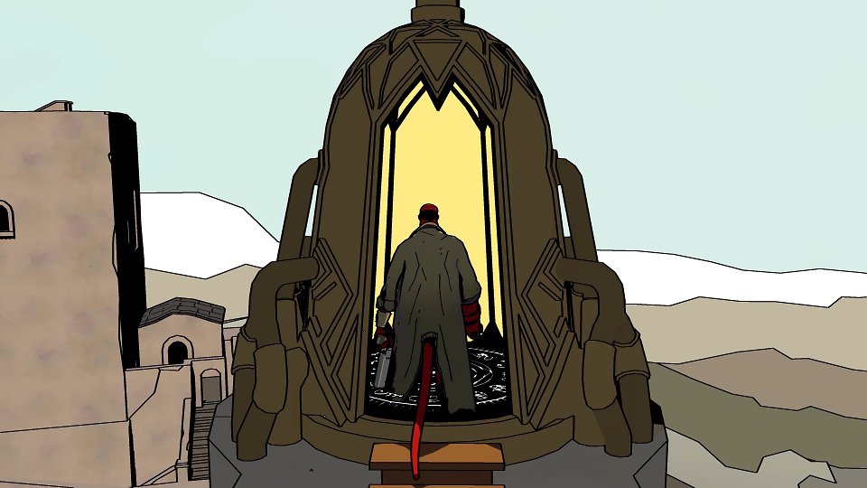 Hellboy betritt einen der Aufzüge für die verschiedenen Welten.