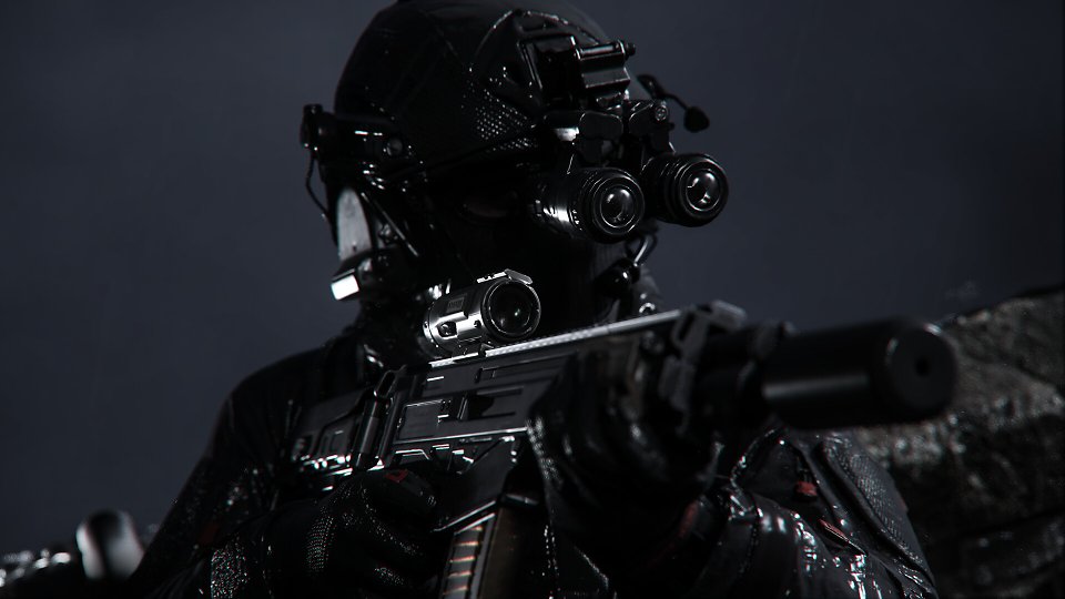 Soldat mit Nachtsichtgerät und Waffe zielt