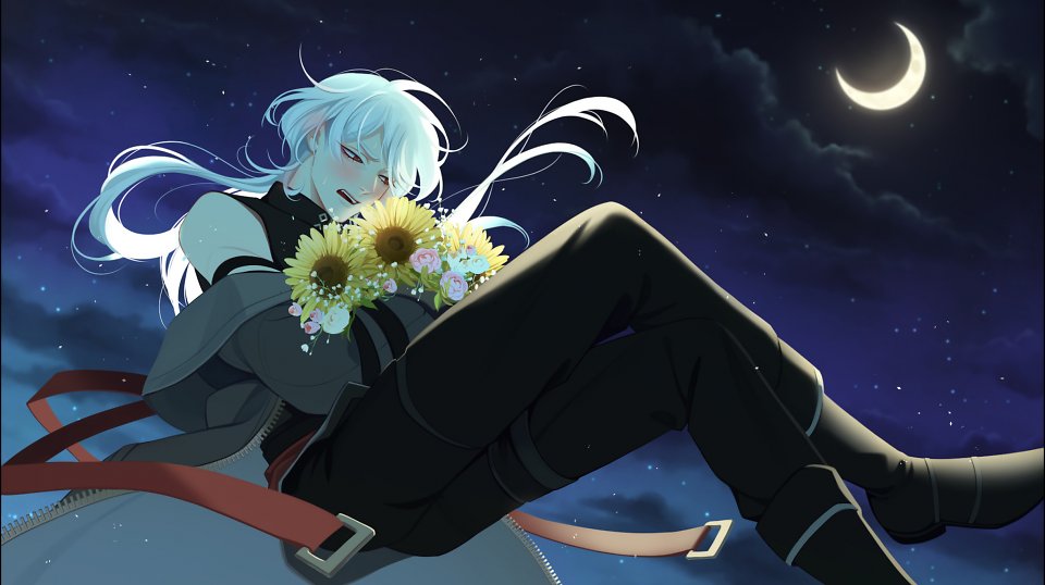 Ein Anime-Kerl mit weißen Haaren hält einen Strauß Blumen in der Hand.