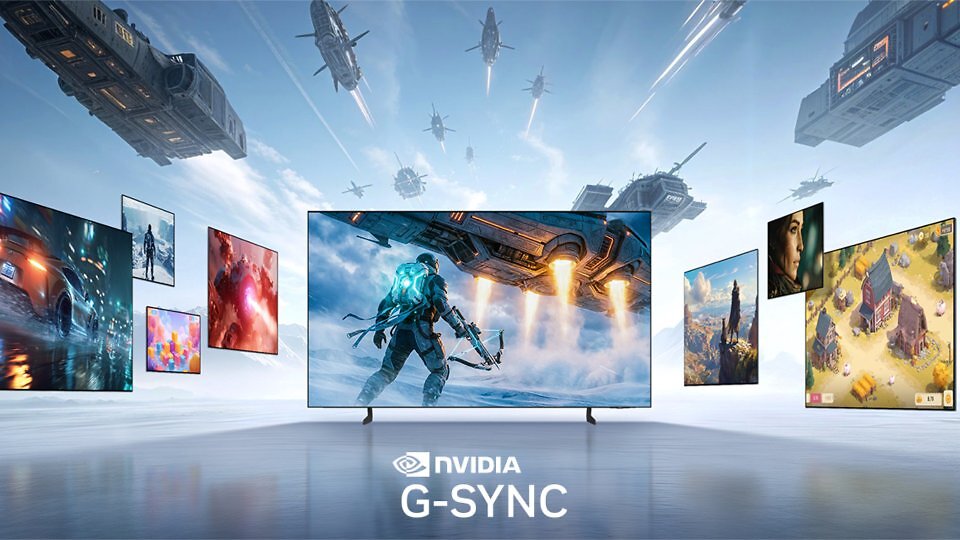 Ein Samsung TV, unter dem Nvidias G-Sync prangt.
