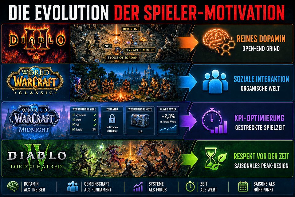 PC Games Infografik zur Evolution der Spielermotivation im Vergleich zwischen Diablo 2, WoW Classic, WoW Midnight mit Time-Gating und Diablo 4 Lord of Hatred.