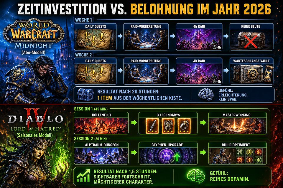 PC Games Infografik zum Vergleich der Zeiteffizienz im Jahr 2026. Oben der frustrierende 20-Stunden-Wochenablauf von WoW Midnight, unten der hocheffiziente 1,5-Stunden-Dopamin-Loop von Diablo 4 Lord of Hatred.