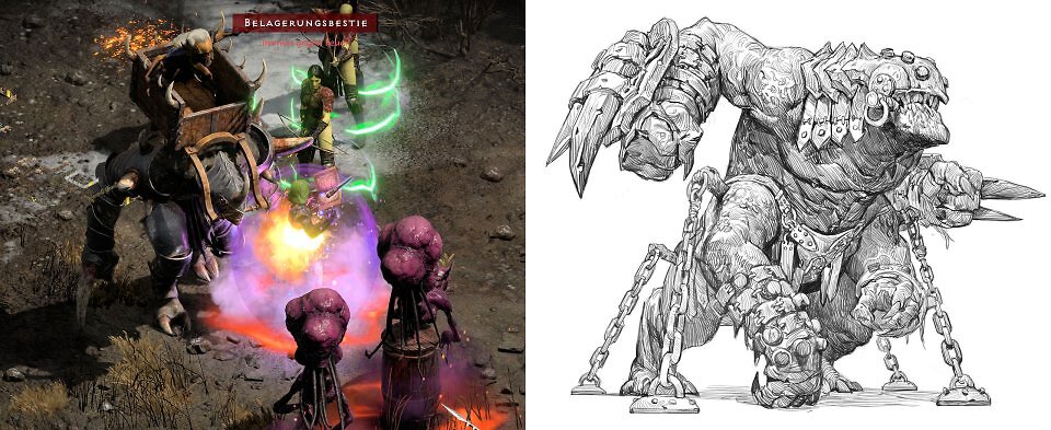 Zweigeteilte Bildmontage von Diablo-Gegnern. Linke Hälfte: Ein Ingame-Screenshot aus Diablo 2 Resurrected zeigt die Belagerungsbestie in Akt 5, eine vierbeinige, gepanzerte Kreatur mit einer hölzernen Plattform auf dem Rücken, die von Helden bekämpft wird. Rechte Hälfte: Eine detailreiche Schwarz-Weiß-Konzeptzeichnung der Belagerungsbrecherbestie aus Diablo 3, ein massiver, muskulöser Dämon mit großen Metallplatten auf dem Rücken, Dornen an den Armen und schweren Eisenketten, die an seinem Körper verankert sind.