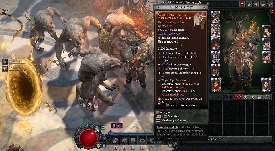 Ein Ingame-Screenshot aus Diablo 4, der das Ausrüstungs- und Charaktermenü zeigt. Im Fokus steht der Tooltip einer vermachten legendären Brustrüstung namens "Abenteurertunika von Glynns Amboss". Der Tooltip zeigt 900 Gegenstandsmacht, 3.506 Rüstung, Boni auf Willenskraft, maximales Leben, Barriereerzeugung, +4 auf Irdenes Bollwerk und +8 maximale Stapel Entschlossenheit. Der eingeprägte legendäre Aspekt erhöht die maximale Entschlossenheit um 2 und gewährt 4 % Schadensreduktion pro Stapel. Am unteren Rand ist das aktive Runenwort NaguQue zu sehen.