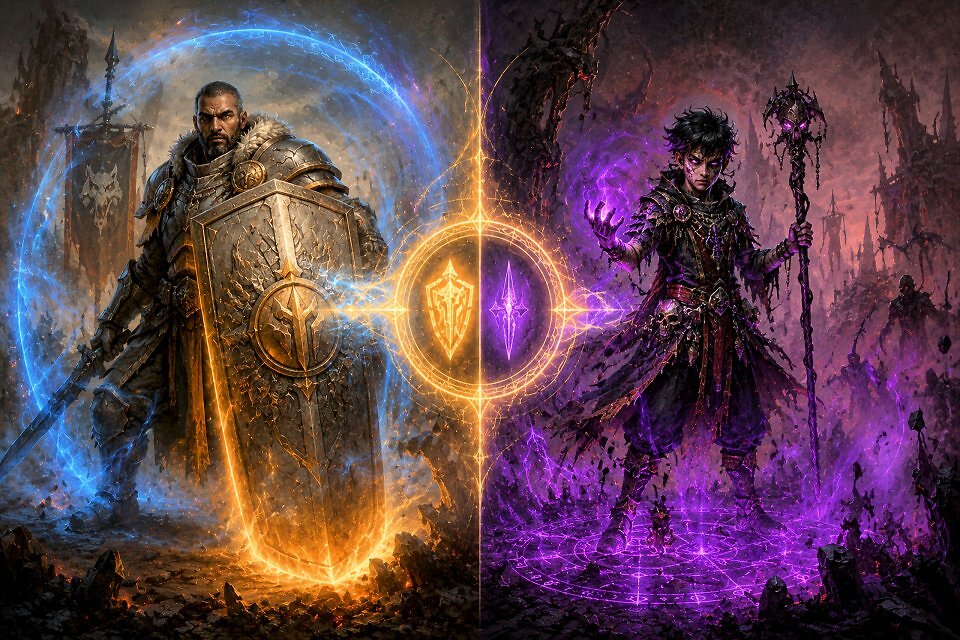 Eine düstere Split-Grafik im Diablo 4-Stil. Auf der linken, helleren Seite steht ein bärtiger Krieger in schwerer Rüstung (Raheir) mit einem riesigen Turmschild, umgeben von einer blau-goldenen Schutz-Aura. Auf der rechten, dunkleren Seite steht ein junger Magier in zerschlissenen lila Roben (Aldkin), der ein lila Leuchten in den Händen hält. In der Mitte trennt eine feurige Linie die beiden Seiten, auf der ein kreisrundes, goldenes Runensymbol mit einem Schild- und einem Magiesymbol zu sehen ist.