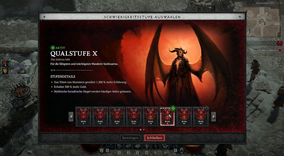Ein Ingame-Screenshot des Menüs "Schwierigkeitsstufe auswählen" aus Diablo 4: Lord of Hatred in Kyovashad. Im Zentrum öffnet sich ein großes Interface-Fenster mit einem düsteren Artwork von Lilith vor feurigem Hintergrund. Auf der linken Seite steht der grüne Text "AKTIV QUAL-STUFE X" mit dem Untertitel "Das Inferno tobt". Unter den "Stufendetails" sind drei lila Aufzählungspunkte zu lesen: "Das Töten von Monstern gewährt 1.200 % mehr Erfahrung", "Erhaltet 300 % mehr Gold" und "Mythische horadrische Siegel werden häufiger fallen gelassen". Am unteren Rand ist eine Reihe von auswählbaren Qual-Stufen-Symbolen von Qual V bis Qual XII zu sehen, wobei Qual X rot umrandet und mit einem grünen Haken als aktiv markiert ist.