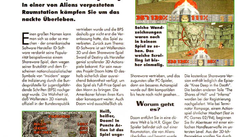 Der Doom-Test von PC Games, Seite 1. Um den Text lesen zu können, klickt bitte auf "Bildergalerie (Ansicht vergrößern für Quellenangaben)".