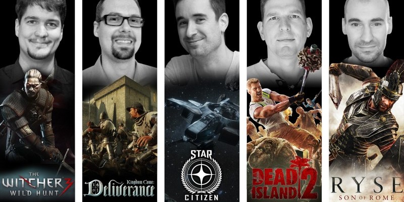 Unsere Experten von links nach rechts: Balazs Torok (CD Projekt), Jiří Rýdl (Warhorse), Alistair Brown (Foundry 42/RSI), Philipp Schellbach (Yager) und Nicolas Schulz (Crytek).