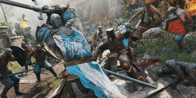 Je nach Fraktion und Held tragen die Charaktere unterschiedliche Waffen. Die Ritter setzen zum Beispiel auf mächtige Zweihandschwerter, bei den Samurai kommen dagegen geschmeidige Katana zum Einsatz. Die Wikinger verwenden eine Kombination aus Schwert und Schild. 3 Wenn ihr genügend KI-Gegner niedermäht, schaltet ihr