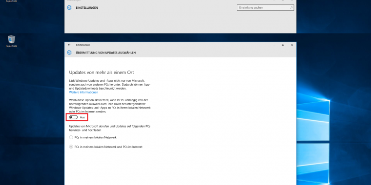 In diesem Menü schränkt ihr das BitTorrent-Prinzip der Windows 10-Update-Funktion ein oder schaltet diese gänzlich aus.