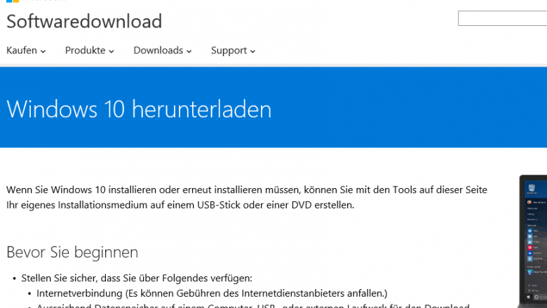 Windows 10-Download bei Microsoft